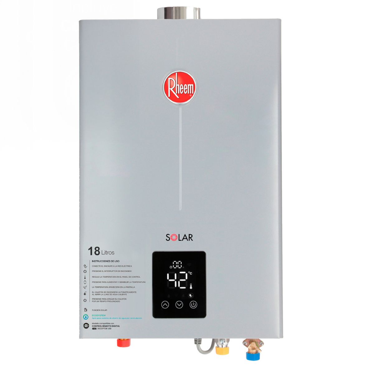 RHEEM - Calefón con Control Remoto Gas Licuado 18 Litros Tiro Forzado Ionizado
