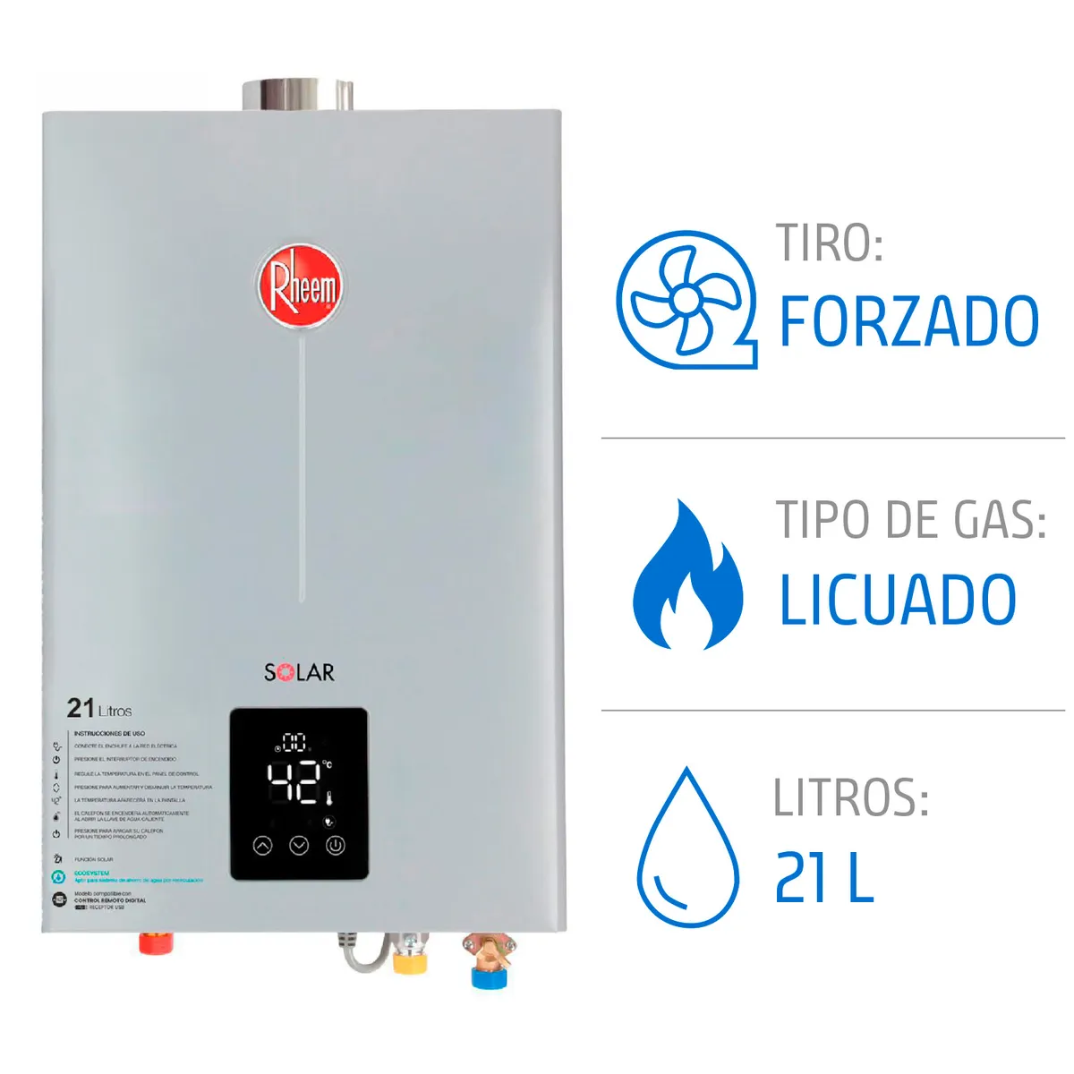RHEEM - Calefón con Control Remoto Gas Licuado 21 Litros Tiro Forzado Ionizado