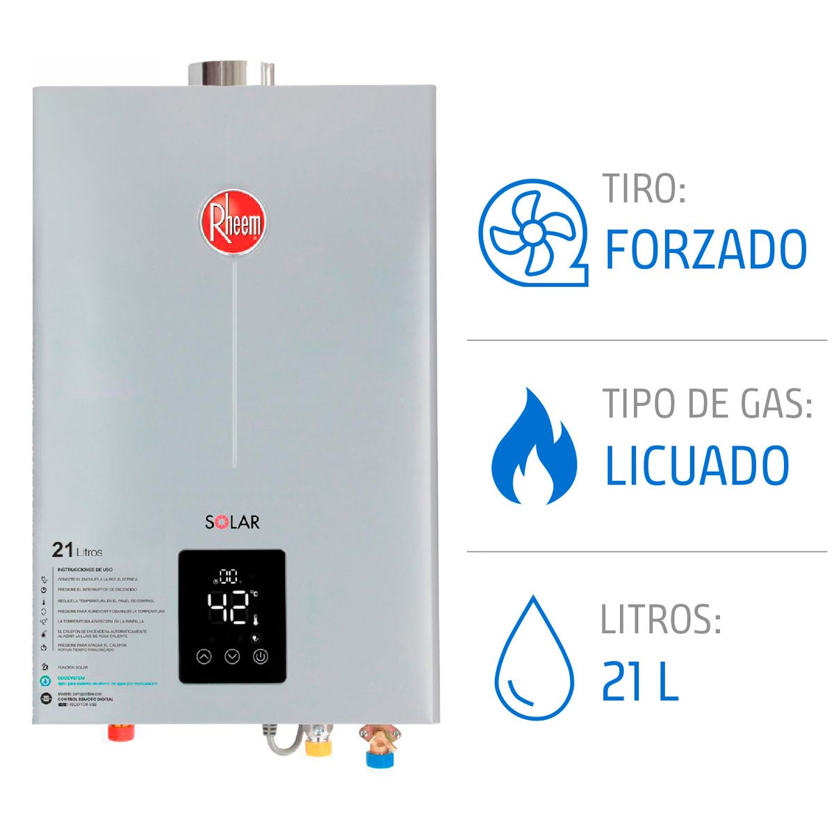 RHEEM - Calefón con Control Remoto Gas Licuado 21 Litros Tiro Forzado Ionizado