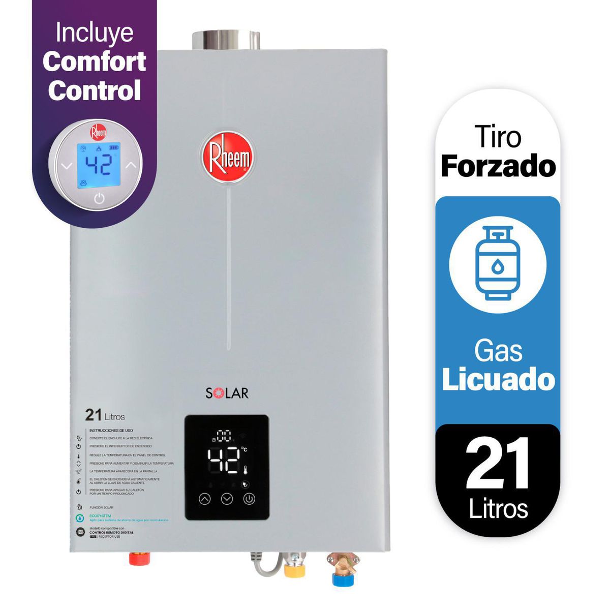 RHEEM - Calefón con Control Remoto Gas Licuado 21 Litros Tiro Forzado Ionizado