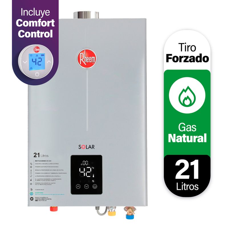 RHEEM - Calefón con Control Remoto Gas Natural 21 Litros Tiro Forzado Ionizado