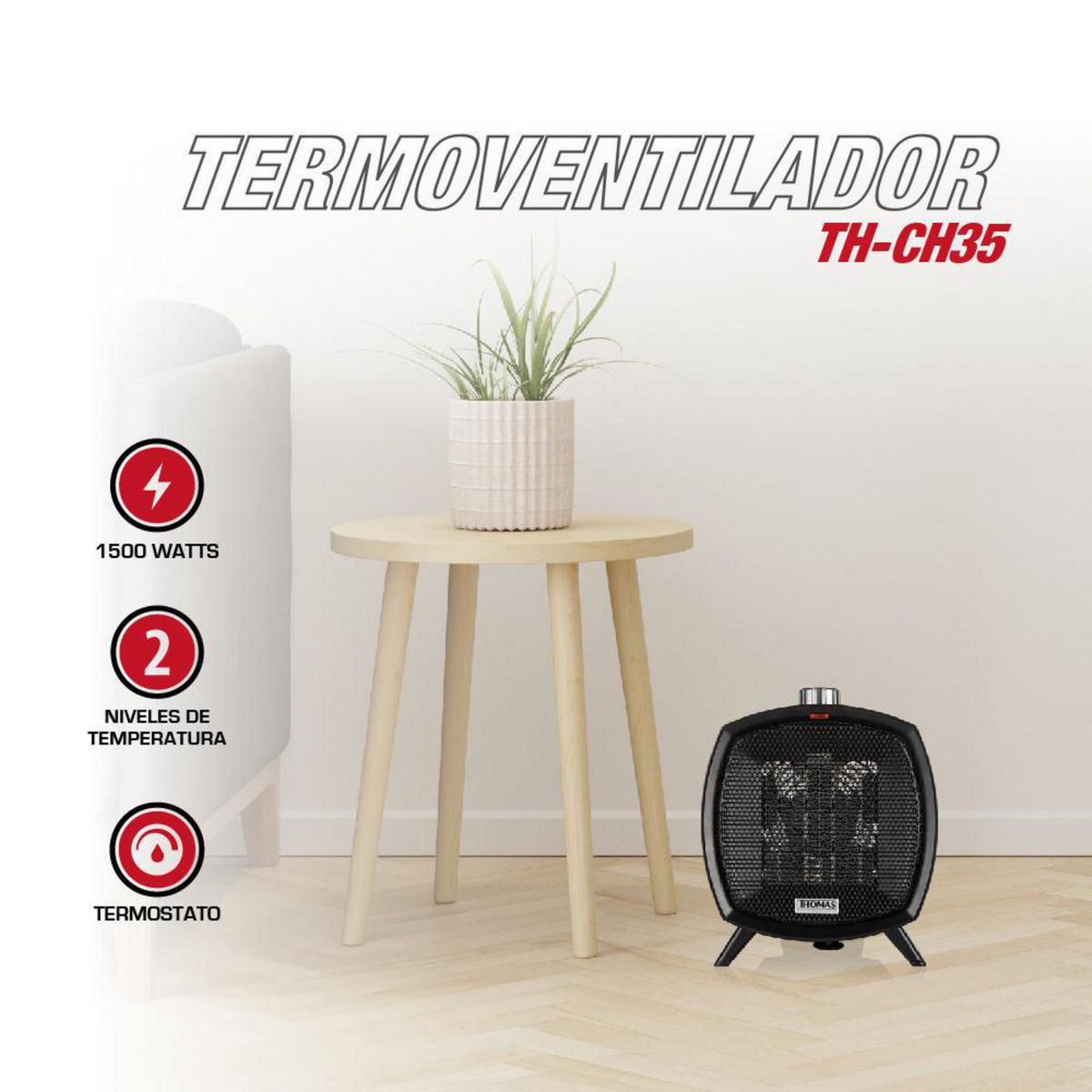 THOMAS - Termoventilador Eléctrico 1500 W TH-CH35 Negro