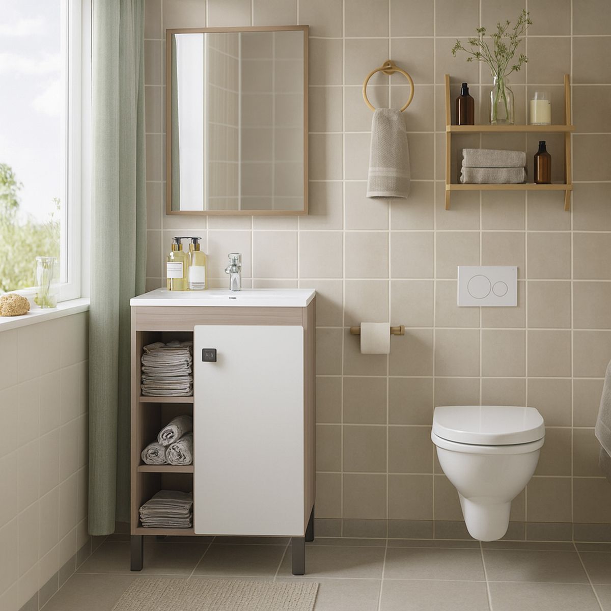 MOBILFRANK - Mueble Baño con Lavamanos 9002MB Beige Malbec y Blanco 60x80x32 cm