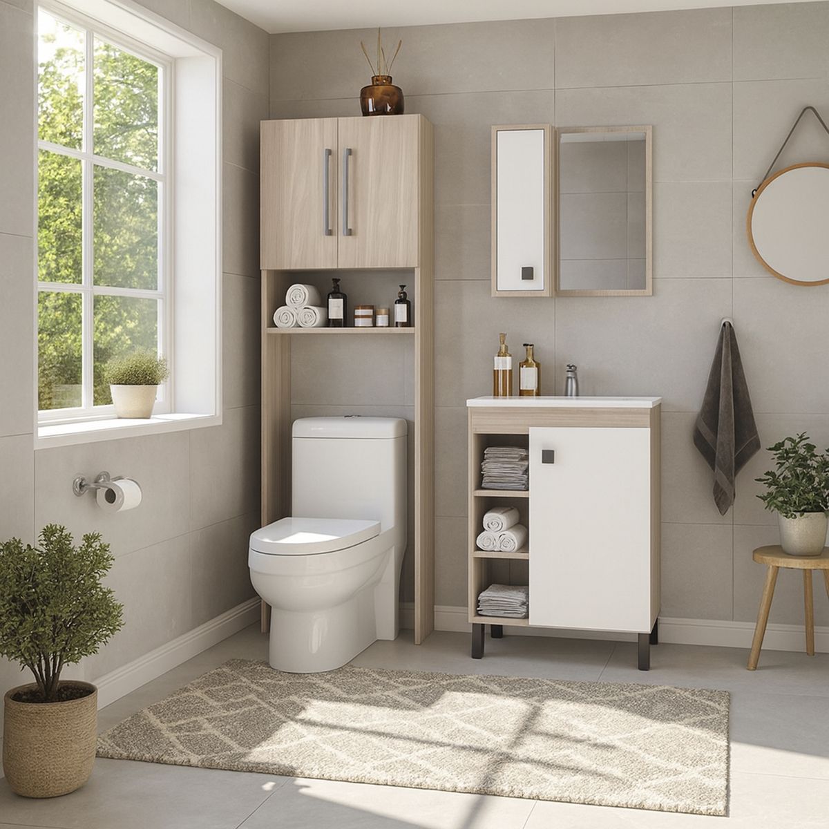 MOBILFRANK - Combo Mueble Baño con Lavamanos 9002MB-9004M Beige Malbec y Blanco 60x80x32 cm