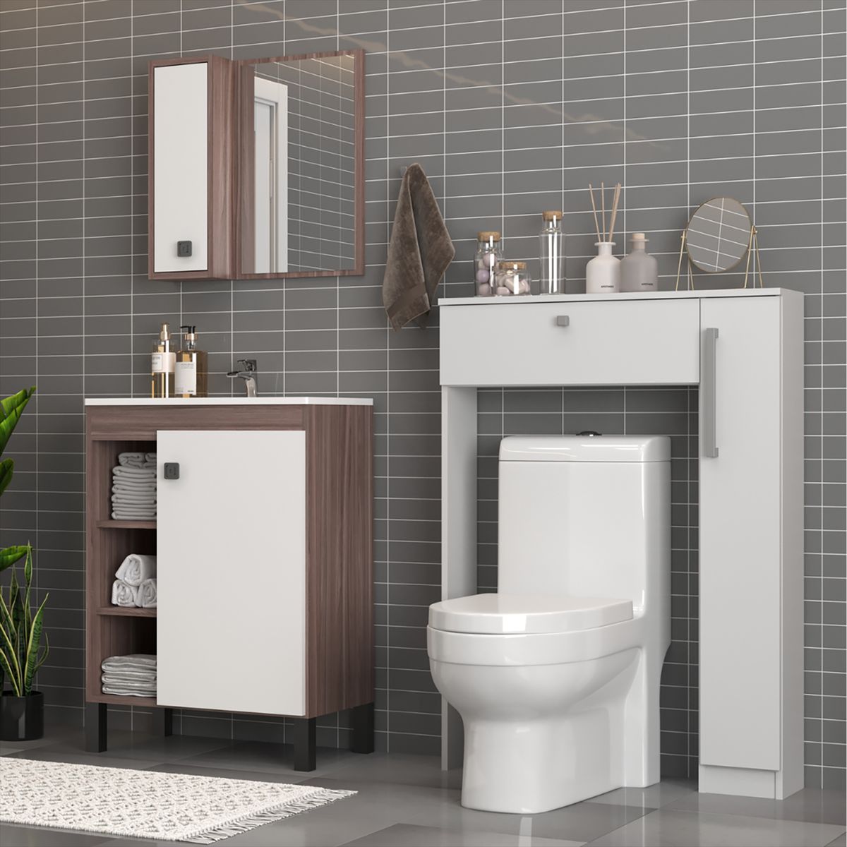 MOBILFRANK - Combo Mueble Baño con Lavamanos 9002SB-9006B Café Smoke y Blanco 60x80x32 cm