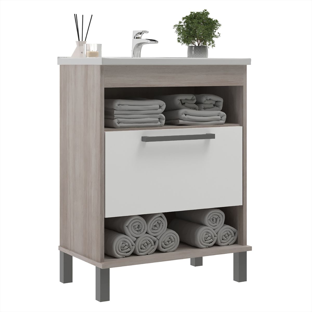 MOBILFRANK - Mueble Baño con Lavamanos 9003MB Beige Malbec y Blanco 60x80x37 cm