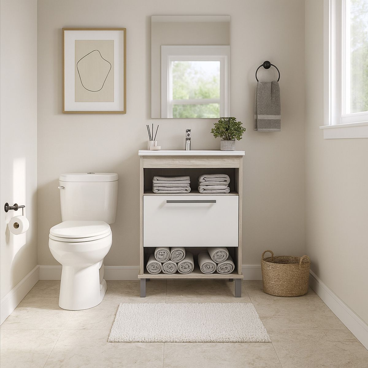 MOBILFRANK - Mueble Baño con Lavamanos 9003MB Beige Malbec y Blanco 60x80x37 cm