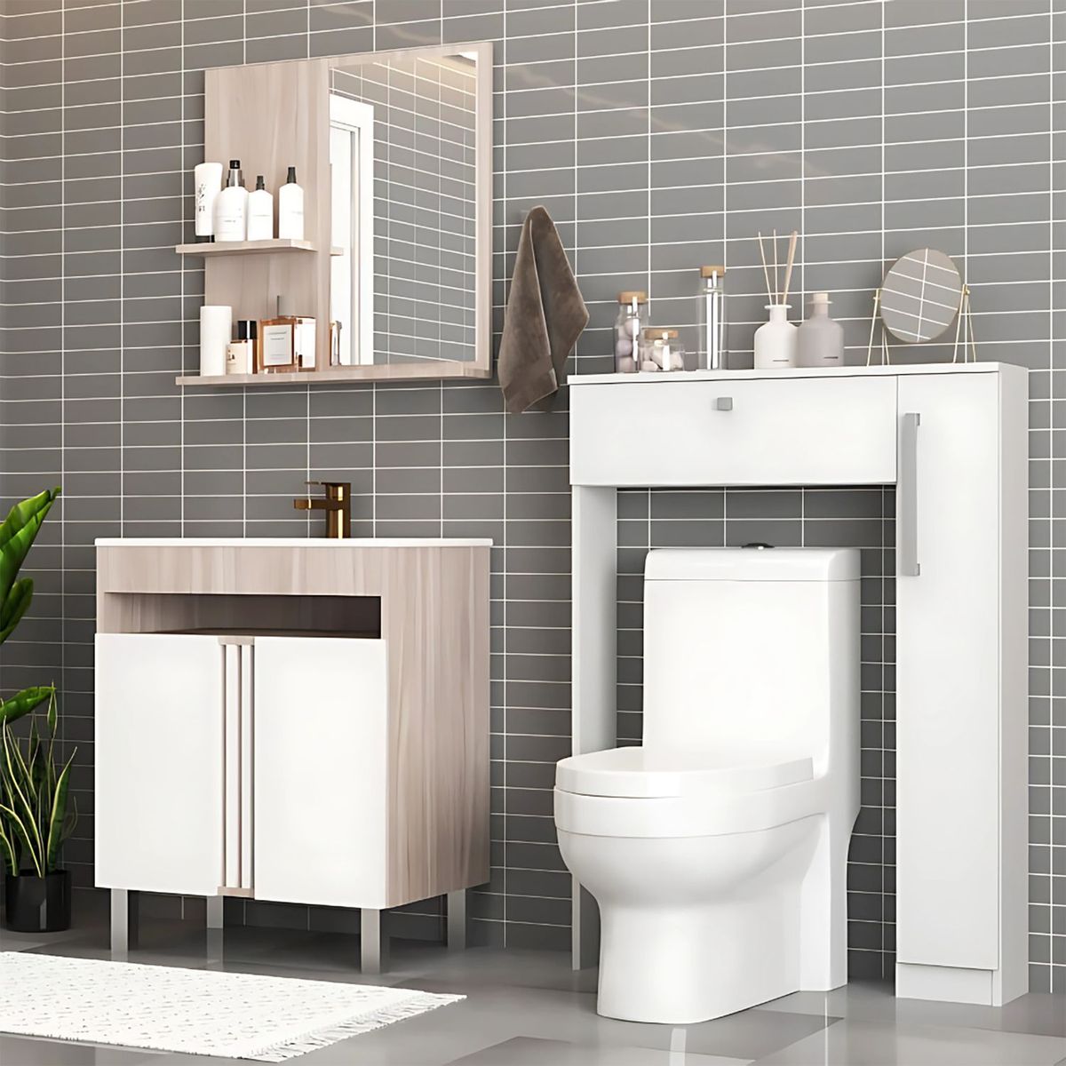 MOBILFRANK - Combo Mueble y Lavamanos 9001MB-9006B Beige Malbec y Blanco 60x72x38 cm