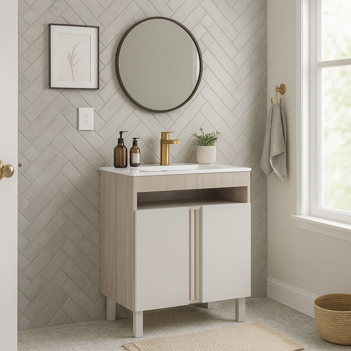 MOBILFRANK - Mueble Baño con Lavamanos 9001MB Beige Malbec y Blanco 60x72x38 cm