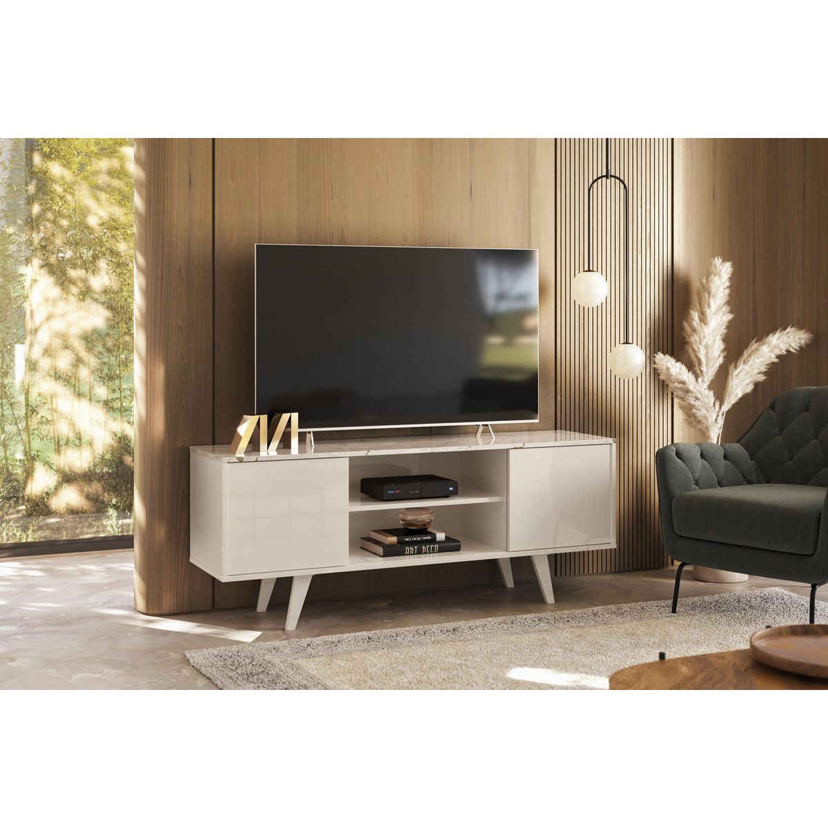 ALTAVISION - Rack TV 50 " Lisboa Calacata Blanco Marmolado 136x54x36.5 cm