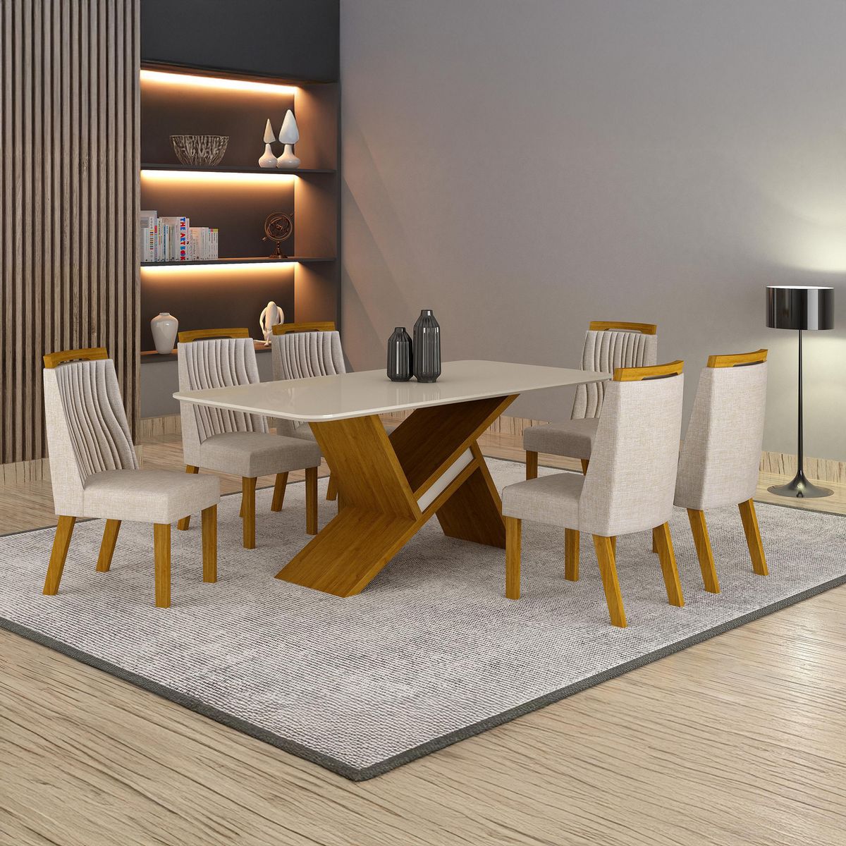 ALTAVISION - Juego de Comedor Agata 6 Sillas Mesa Rectangular 180x90x80 cm Café/Blanco Off