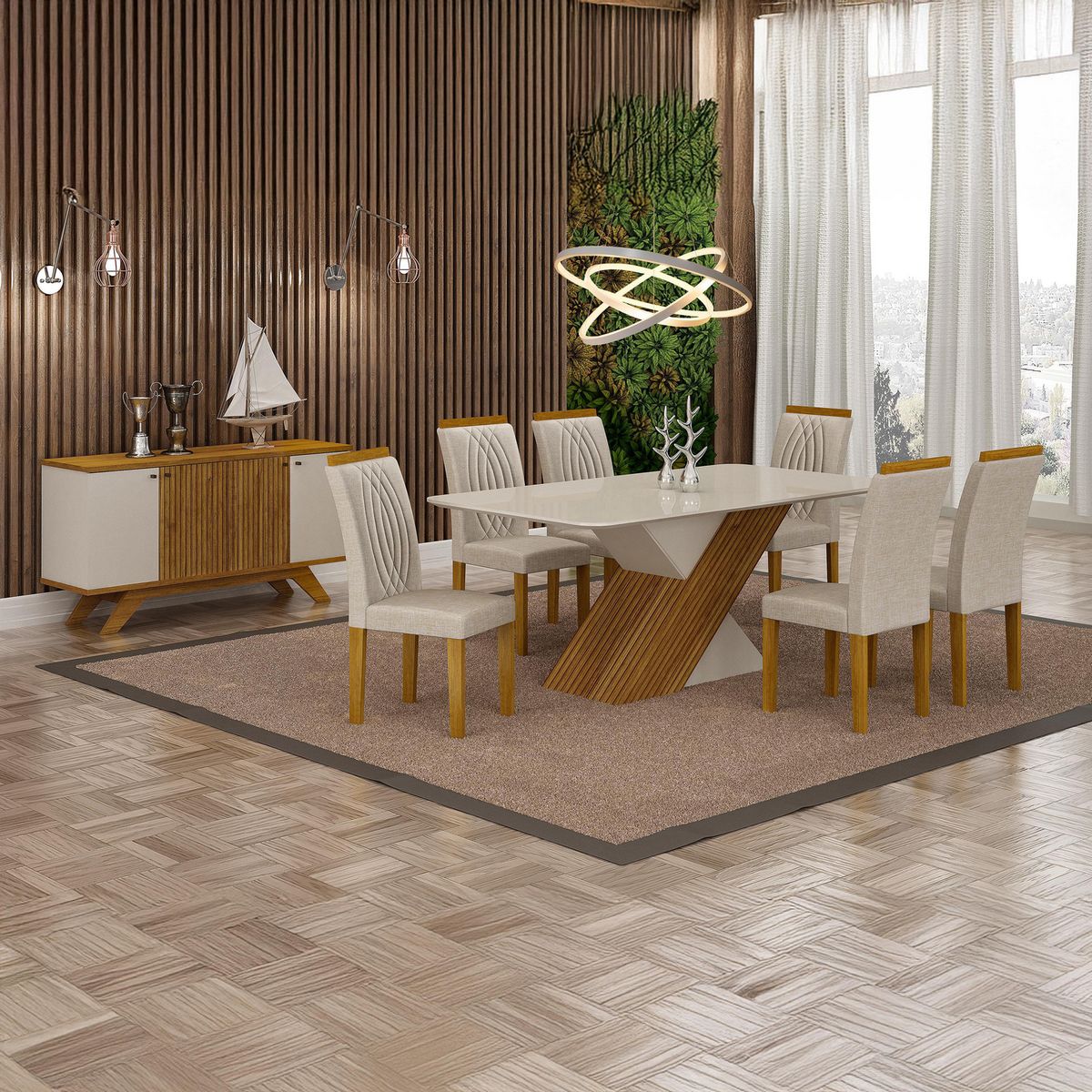 ALTAVISION - Juego de Comedor Ilheus 6 Sillas Mesa Rectangular 180x90x78 cm Café/Blanco Off