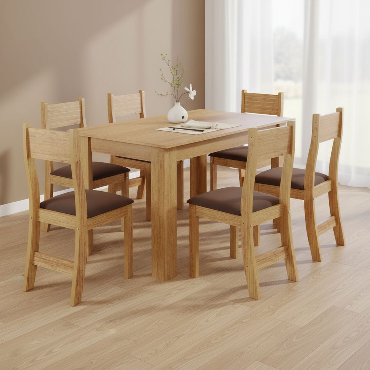 ALTAVISION - Juego de comedor Violeta 6 Sillas Mesa Rectangular 75x136x76,5 cm Café