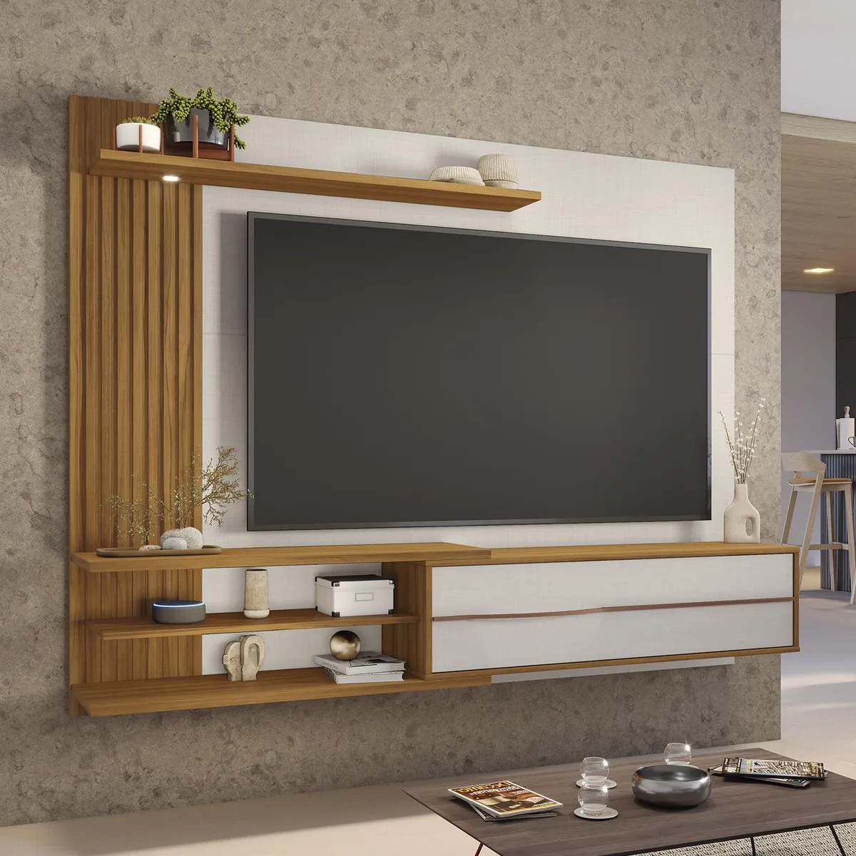 HOME MOBILI - Panel TV 65 " Atlanta Blanco/Café 180x152x30 cm
