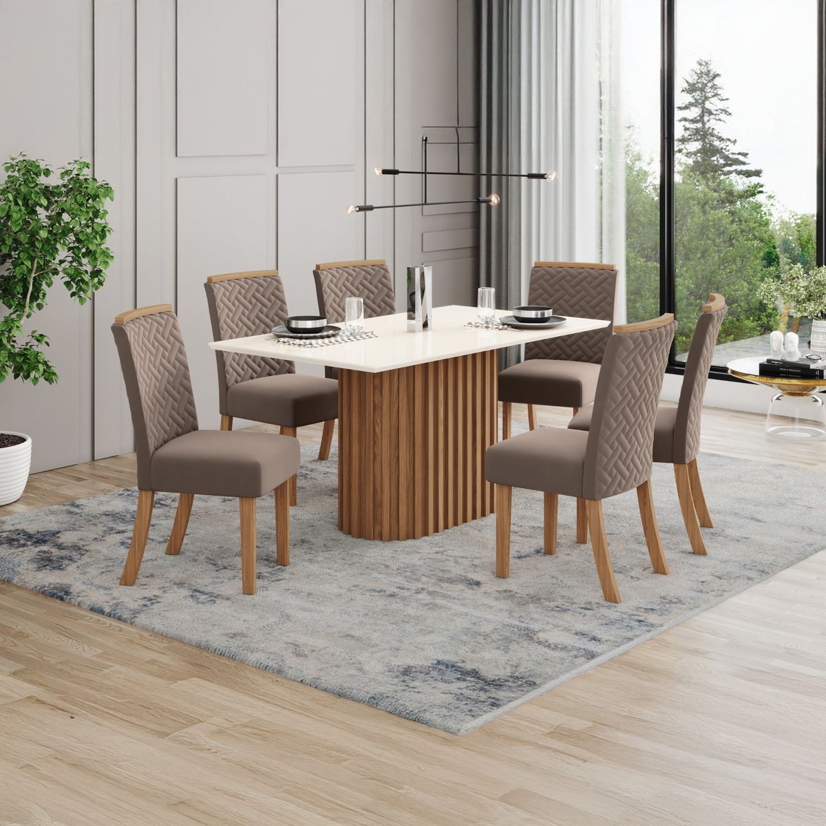 HOME MOBILI - Juego de comedor Clarisa 6 Sillas Mesa Rectangular 80x200x90 cm Café/blanco
