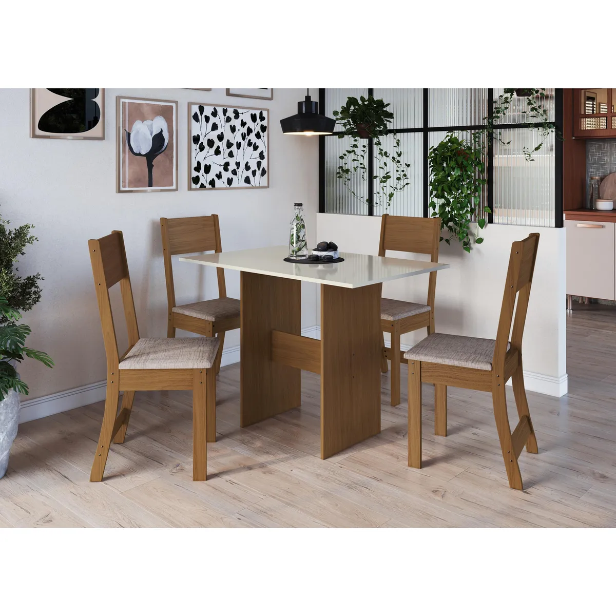 HOME MOBILI - Juego de comedor Kabul 4 Sillas Mesa Rectangular 77,5x108x68 cm Café/blanco
