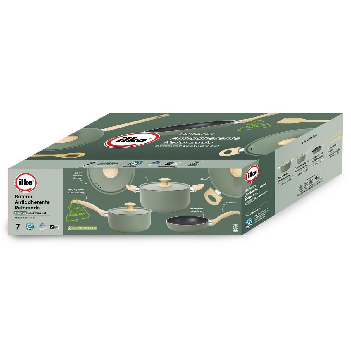 ILKO - Batería de Cocina 7 Piezas Aluminio Reciclado Verde