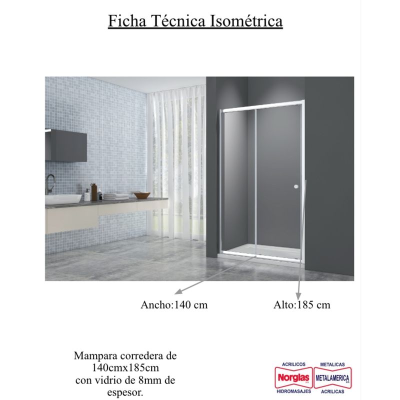 NORGLAS - Mampara de Receptáculo Corredera 140x185 cm Vidrio Templado 8 mm
