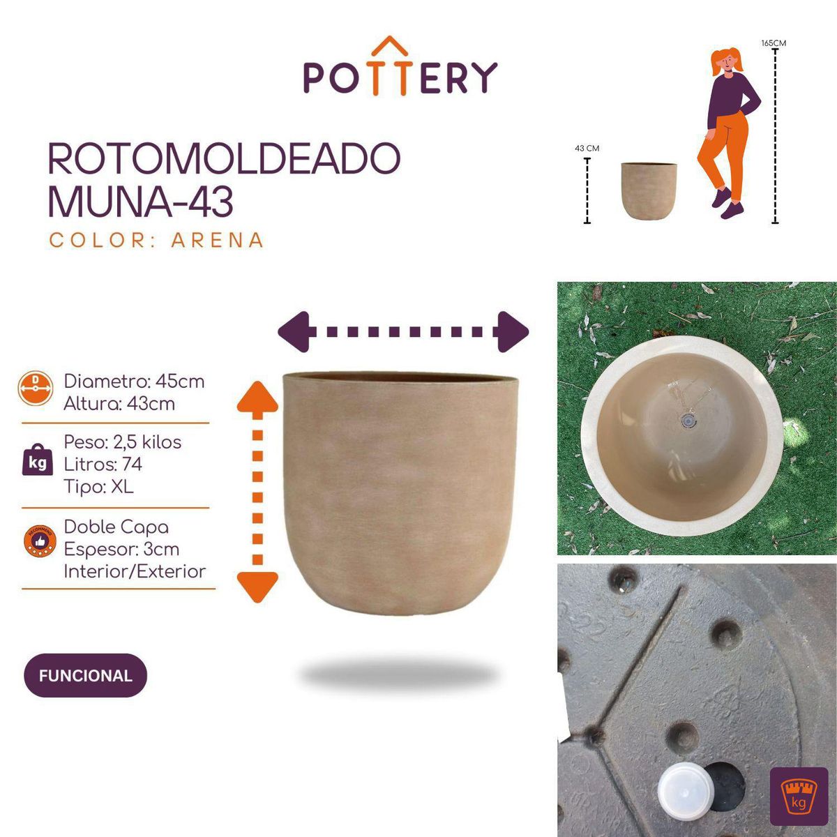 POTTERY - Macetero Rotomoldeo de Polipropileno 45x43 cm Arena