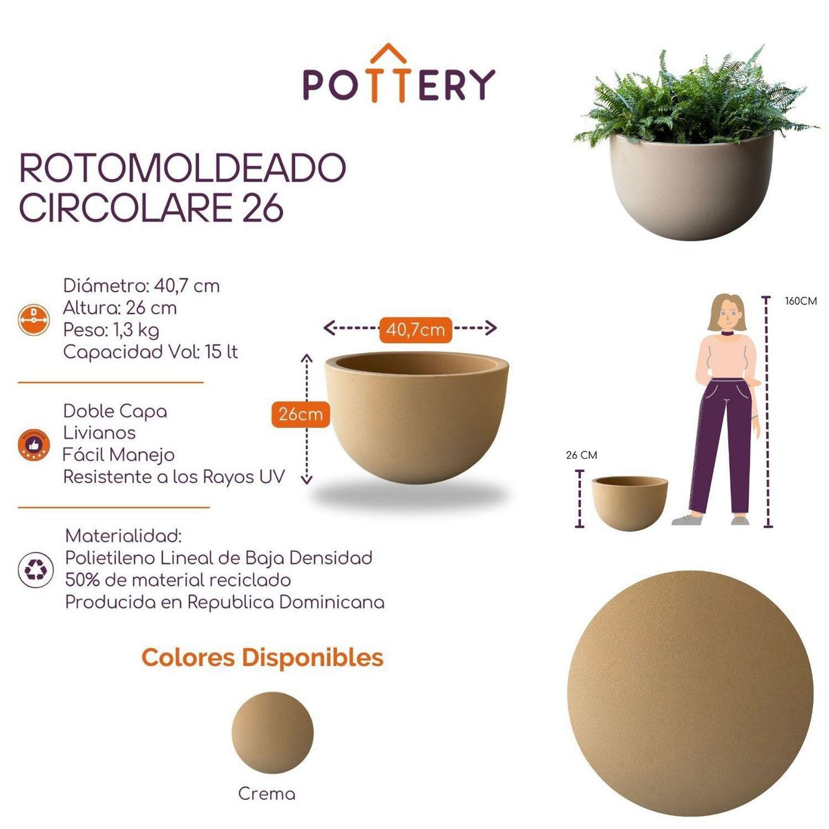 POTTERY - Macetero Rotomoldeo de Polietileno 40.6x26 cm Gris