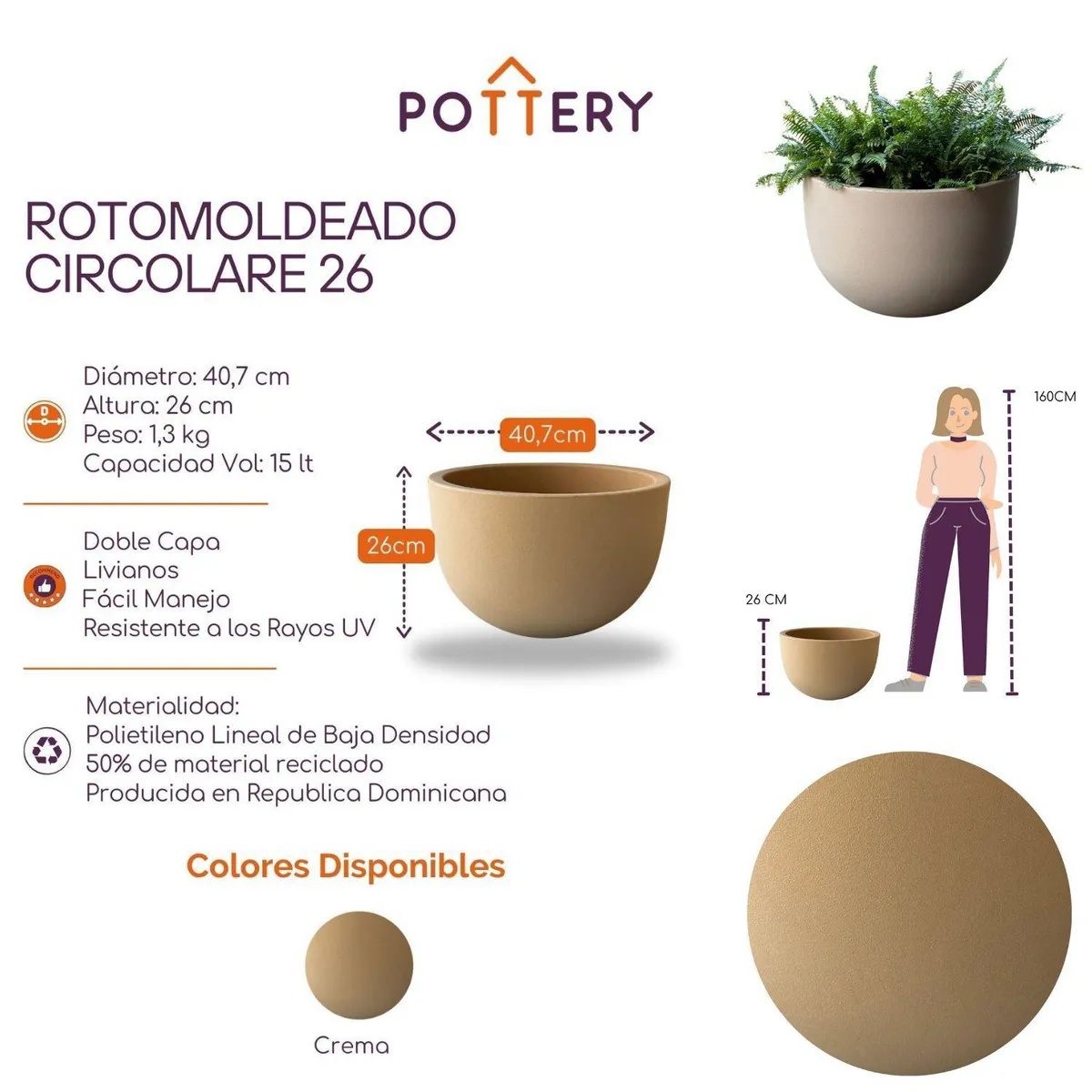 POTTERY - Macetero Rotomoldeo de Polietileno 40.6x26 cm Grafito