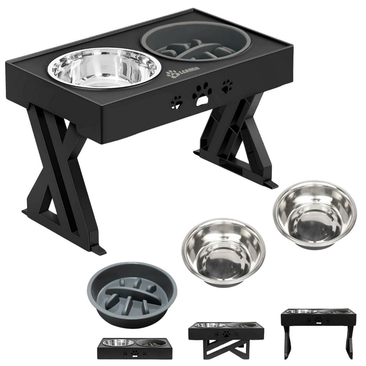 LERNEN - Comedero y bebedero para perros con altura ajustable negro