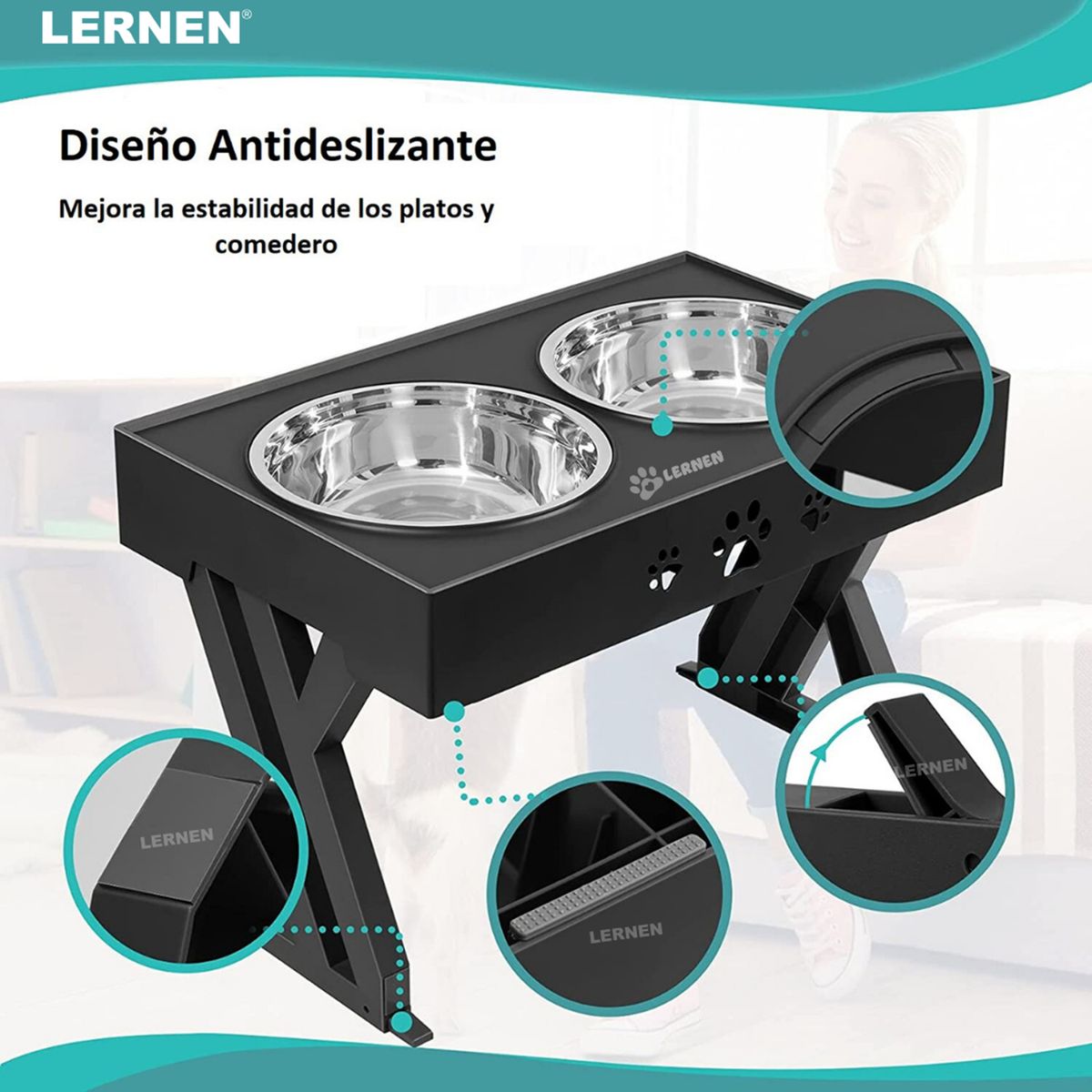 LERNEN - Comedero y bebedero para perros con altura ajustable negro