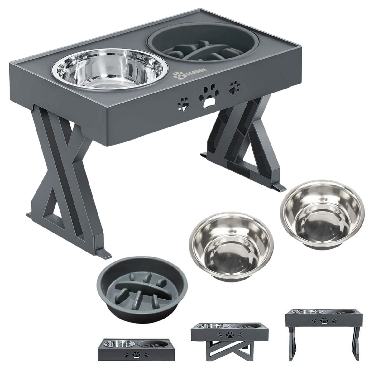 LERNEN - Comedero y bebedero para perros con altura ajustable gris