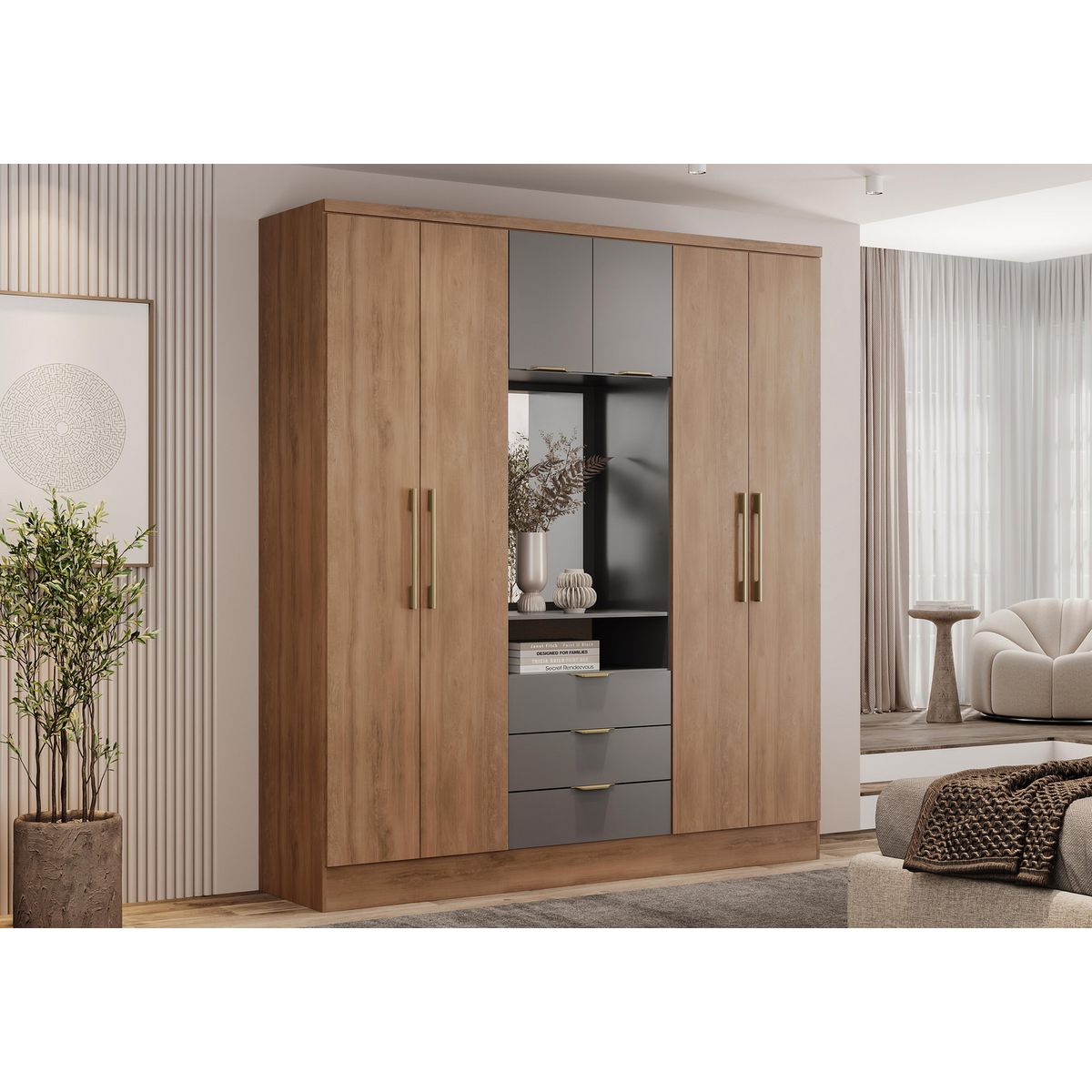 AMUV - Closet Ambar 4 Puerta(s) 3 Cajón(es) 6 Repisa(s) 180x206x47 cm Café/Gris