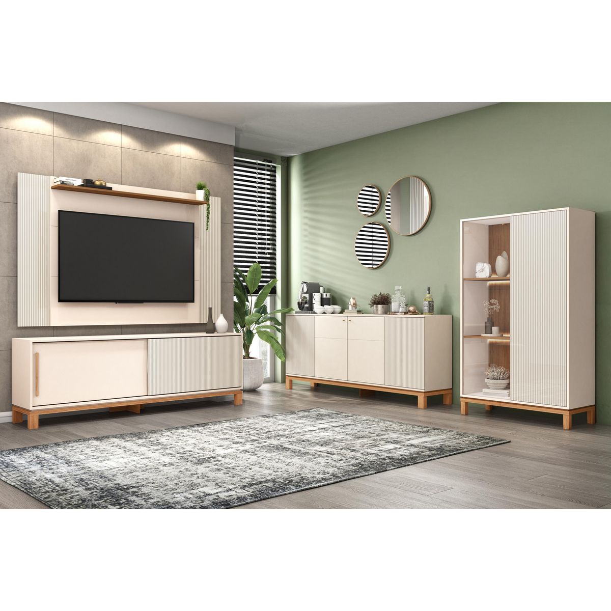 DECOCASA - Panel TV 60" + Rack 1.8+VItrina + Buffet Mondrian Off White