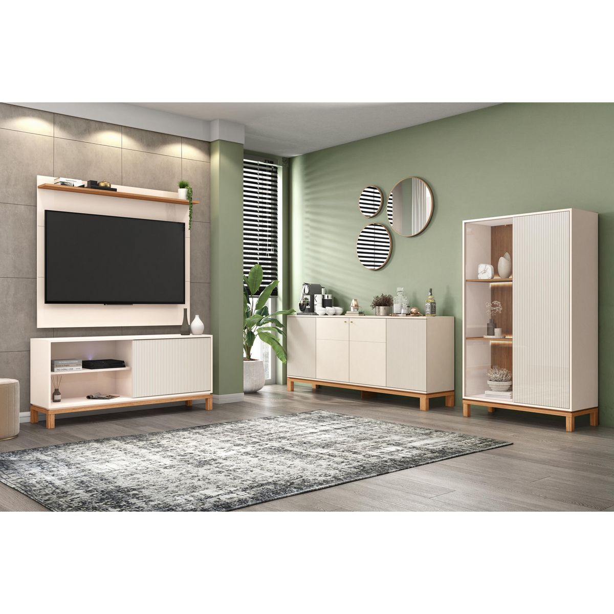 DECOCASA - Panel TV 50" + Rack 1.3 + Vitrina + Buffet Mondrian Off White