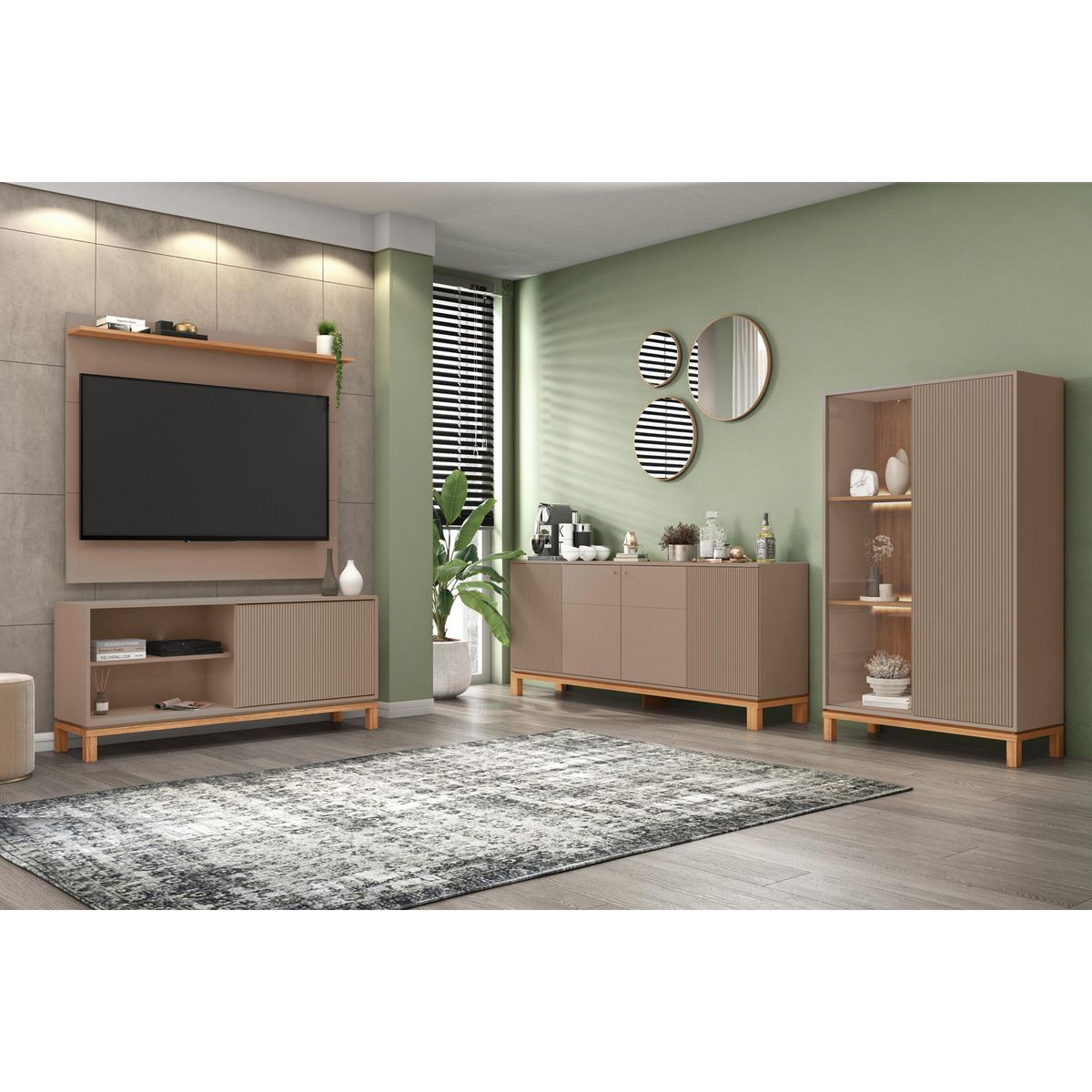 DECOCASA - Panel TV 50" + Rack 1.3 + Vitrina + Buffet Mondrian Gris