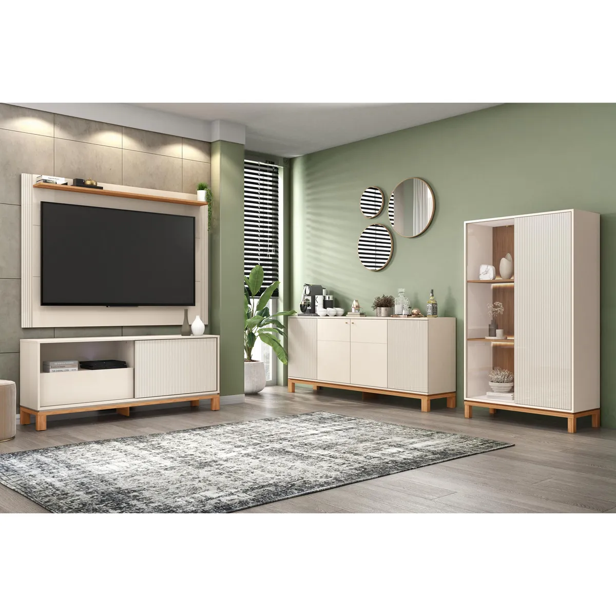 DECOCASA - Panel TV 55" + Rack 1.5 + Vitrina + Buffet Mondrian Off White