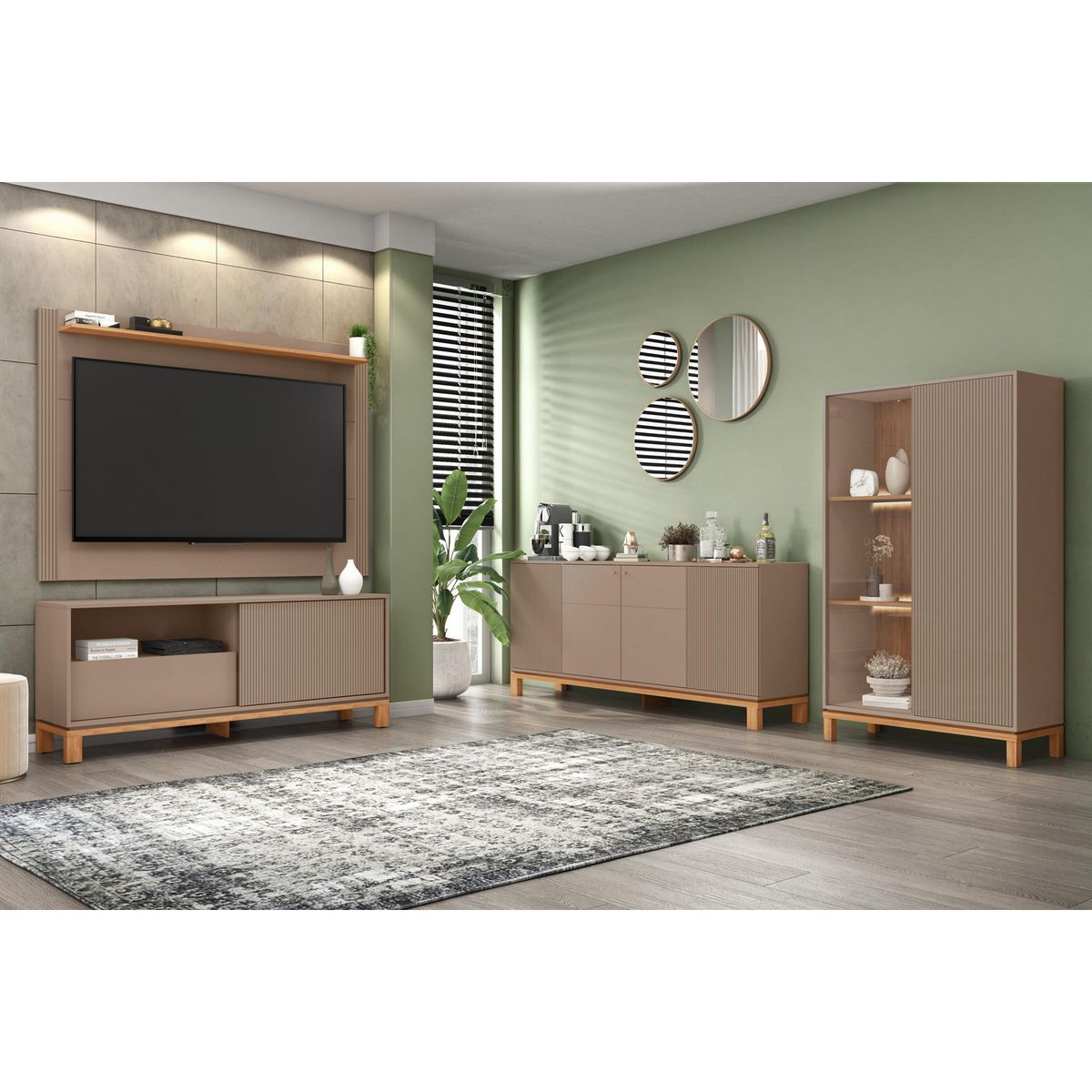 DECOCASA - Panel TV 55" + Rack 1.5 + Vitrina + Buffet Mondrian Gris