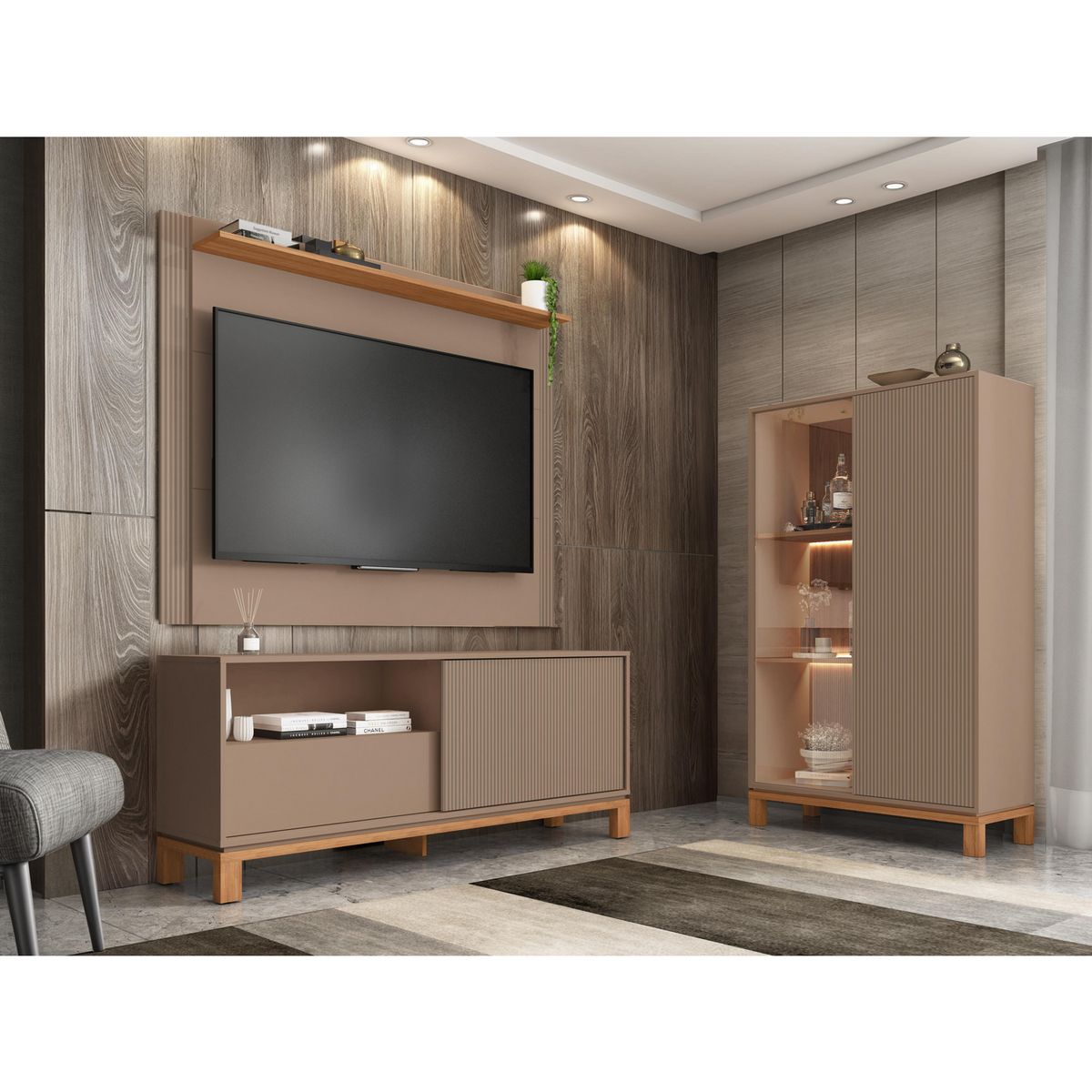 DECOCASA - Panel TV 55" + Rack 1.5 + Vitrina Mondrian Gris