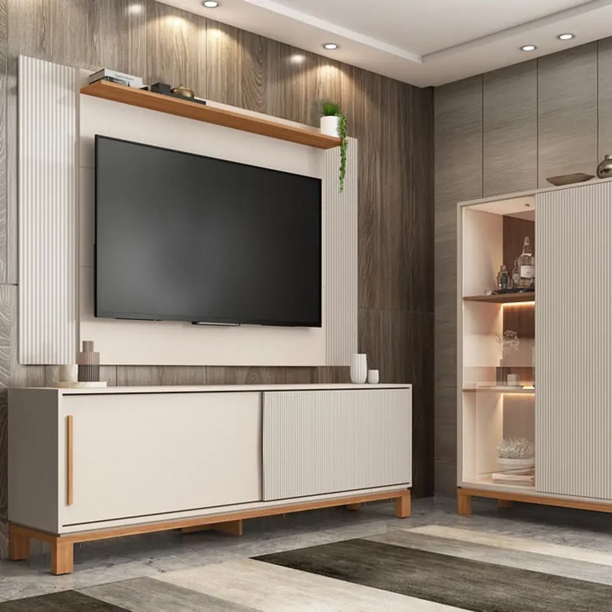 DECOCASA - Panel TV 60" + Rack 1.8 + Vitrina Mondrian Off White