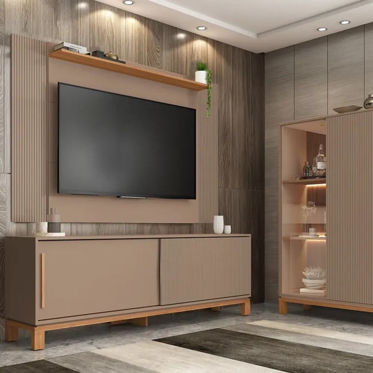 DECOCASA - Panel TV 60" + Rack 1.8 + Vitrina Mondrian Gris