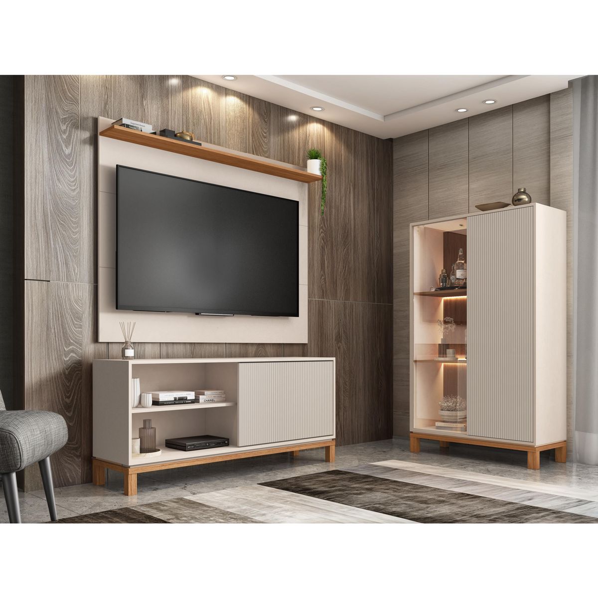 DECOCASA - Panel TV 50" + Rack 1.3 + Vitrina Mondrian Off White