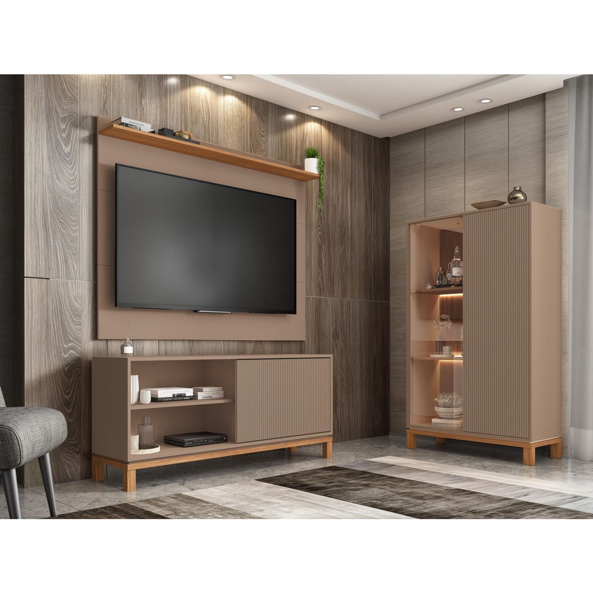 DECOCASA - Panel TV 50" + Rack 1.3 + Vitrina Mondrian Gris