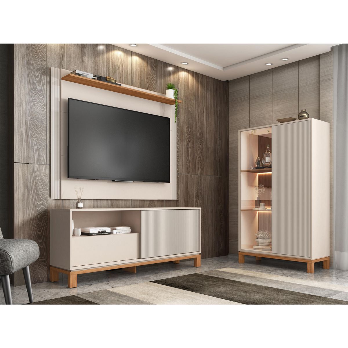 DECOCASA - Panel TV 55" + Rack 1.5 + Vitrina Mondrian Off White