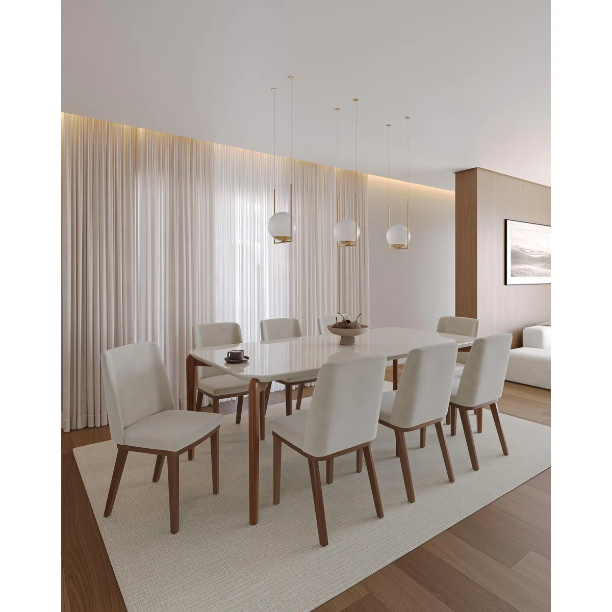 DECOCASA - Juego de comedor Donatella 8 Sillas Mesa Rectangular 77x100x220 cm Off White Castaño