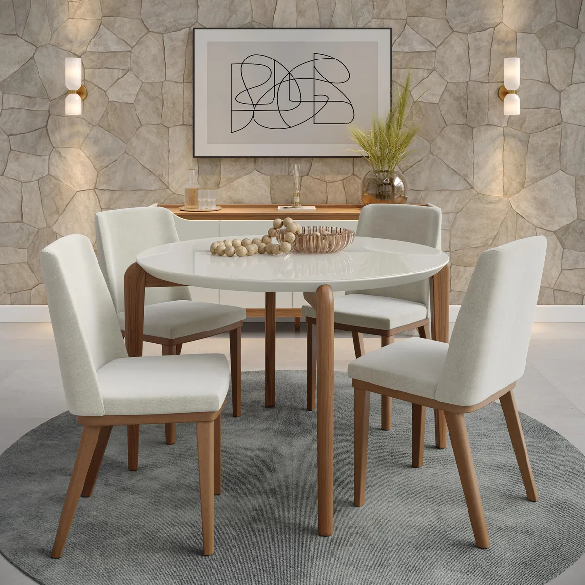 DECOCASA - Juego de comedor Donatella 4 Sillas Mesa Redonda 115x77x115 cm Off White Castaño