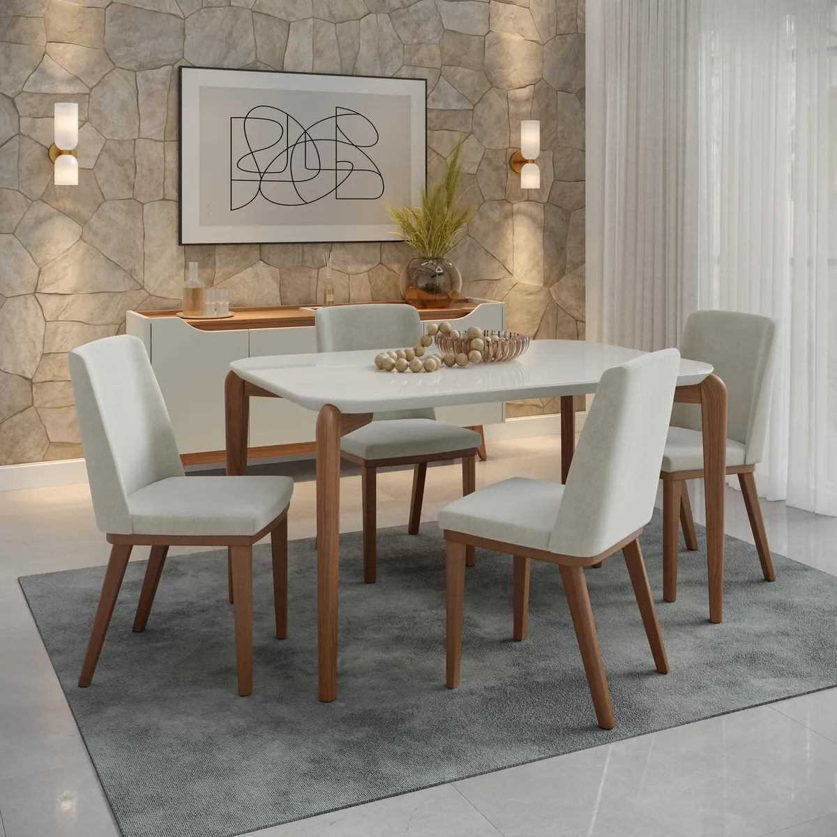 DECOCASA - Juego de comedor Donatella 4 Sillas Mesa Rectangular 77x89x135 cm Off White Castaño
