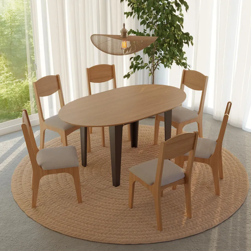 DECOCASA - Juego de comedor TM70 6 Sillas Mesa Ovalada 77x90x120 cm Off White Castaño