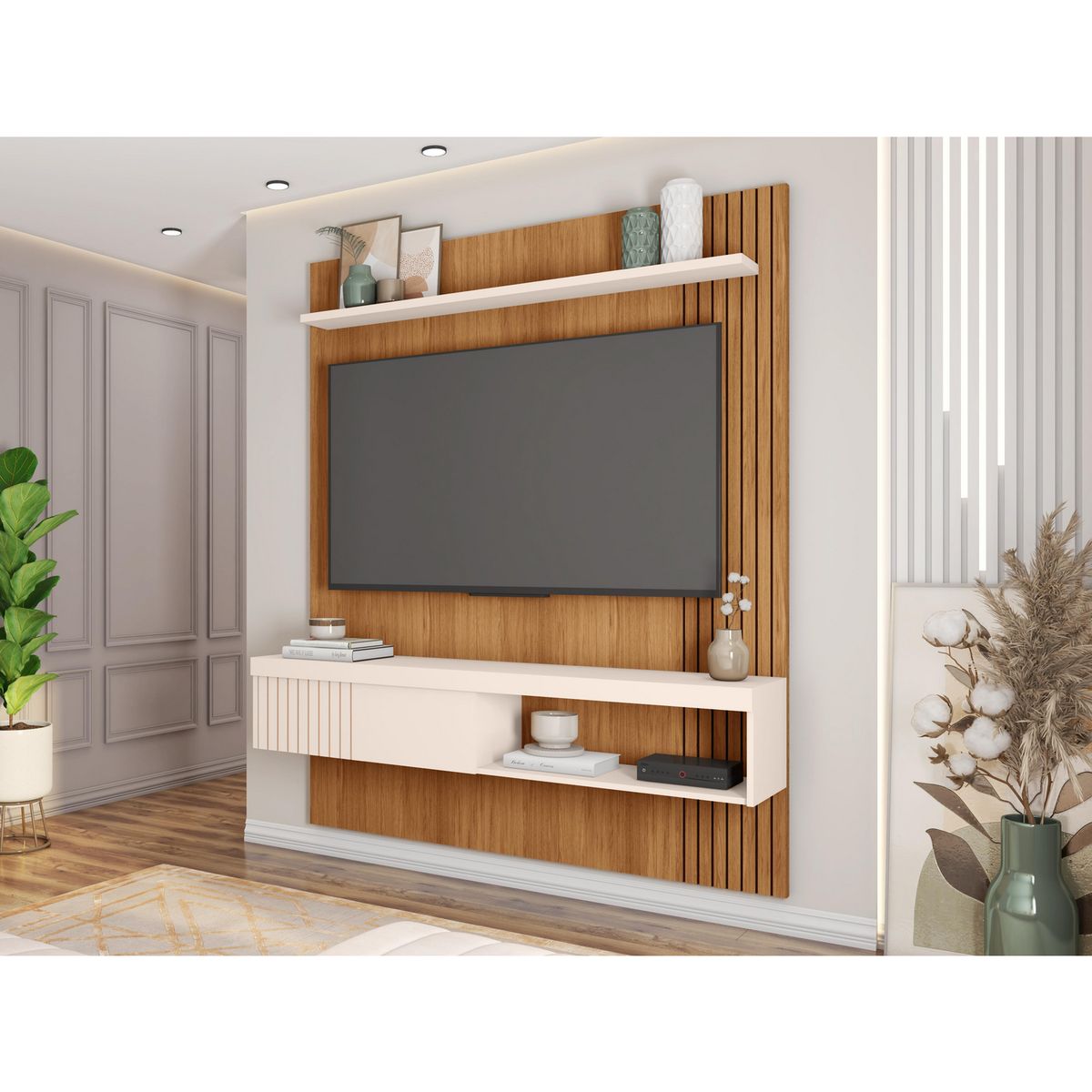 DECOCASA - Panel TV 65 " Jade Off White Castaño 150x183x34 cm