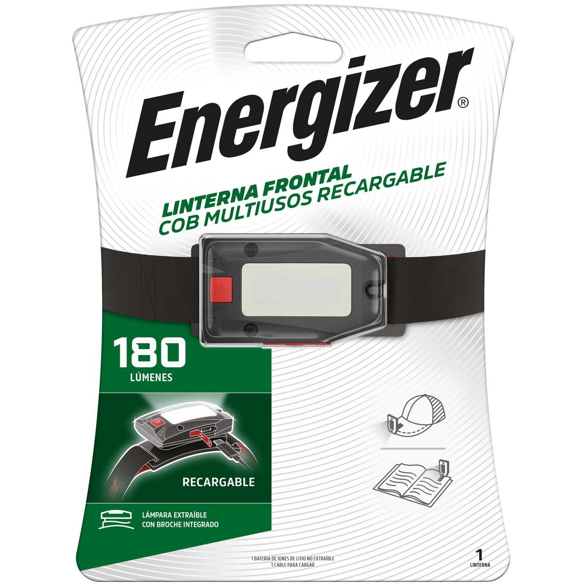ENERGIZER - Linterna de cabeza manos libres recargable 180 lúmenes