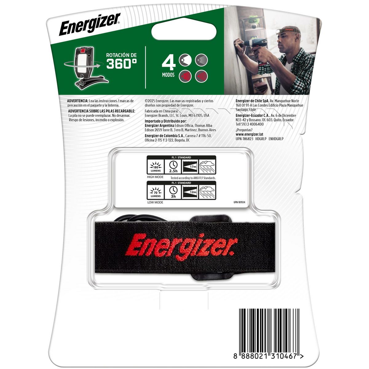 ENERGIZER - Linterna de cabeza manos libres recargable 180 lúmenes