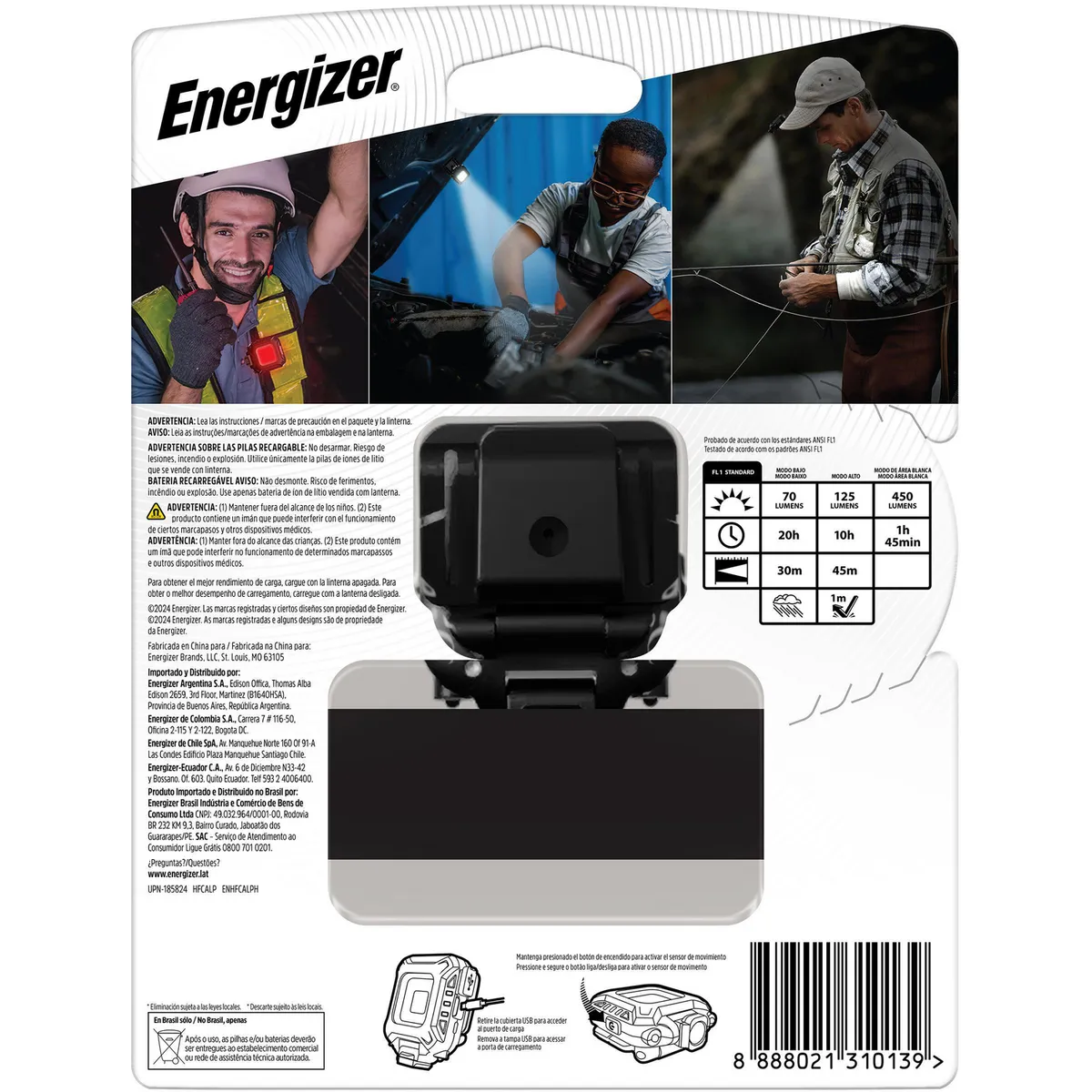 ENERGIZER - Linterna de cabeza manos libres recargable 400 lúmenes