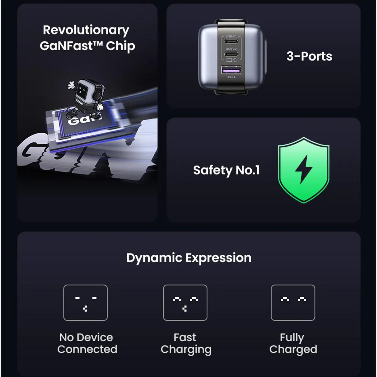 UGREEN - Cargador Robot GaN Tech 65W 1 USB-A + 2 USB-C Gris CD361