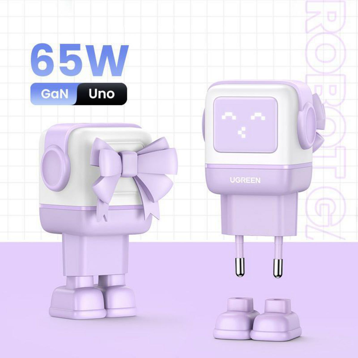 UGREEN - Cargador Robot GaN Tech 65W 1 USB-A + 2 USB-C Purpura claro CD361